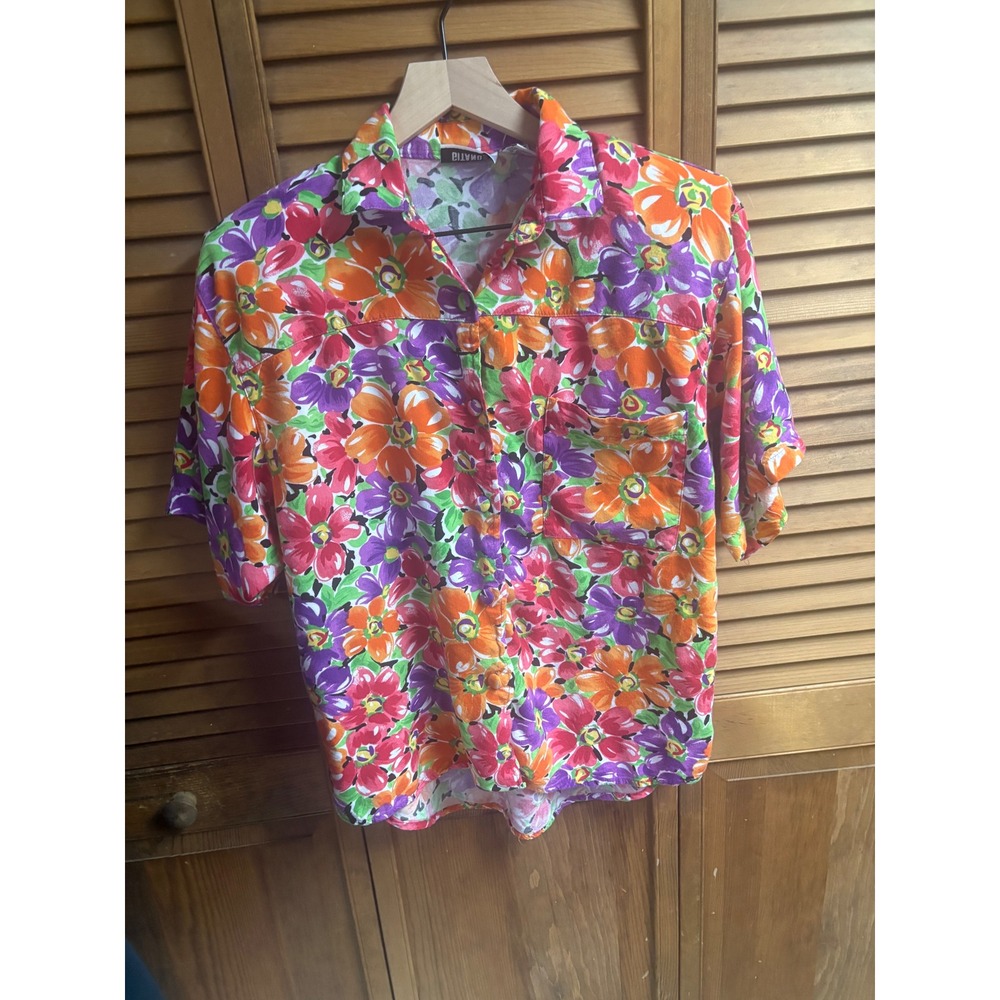 Vintage Gitano Floral Rayon Button Up Shirt Womens Medium Short Sleeve 90s Print